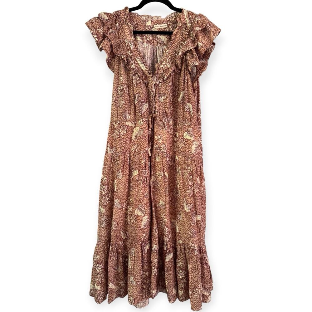 Ulla Johnson Samara Brown Floral Midi Dress Size 10 Button Front Ruffles Tiered